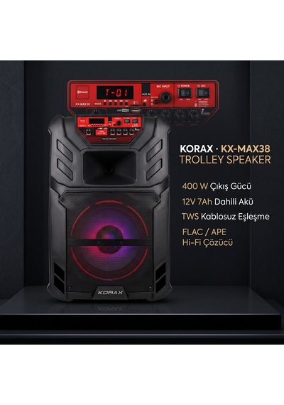 Korax Kx-max38p 400w Taşınabilir Akülü Tekerlekli Bluetooth Hoparlör Ses Sistemi 12v 7ah / Tws / Led / Karaoke