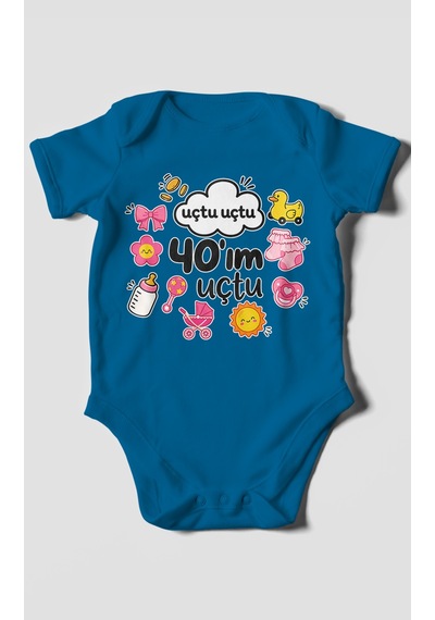 Morivokids Uçtu Uçtu 40'ım Uçtu Kısa Kollu Bebek Body %100 Pamuk Koyu Mavi