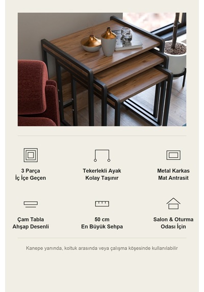 Vela 3'lü Zigon Sehpa Metal Karkas, İç İçe Geçen Sehpa Seti Çam