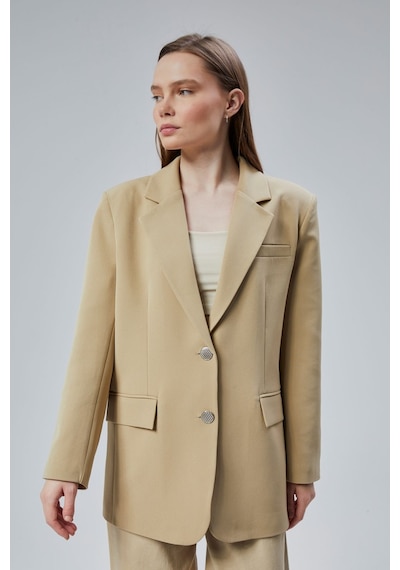 Kadın Oversize Düz Kesim Astarlı Dokuma Blazer Ceket Haki