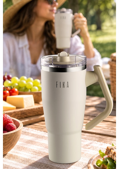 Neoflam Fika Lumi Patentli Döner Kulplu Sızdırmaz Çift Ağızlıklı Çelik Termos 950 Ml Bej