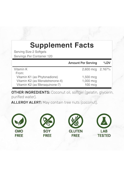 Deal Supplement Vitamin K 1 - K2 Complete Mk-7 And Mk-4 Bone Joint Immune Support 240 Coconut Oil Softgels