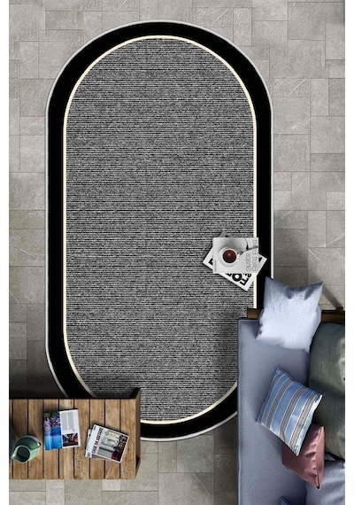 West Home Dijital Baskı Yıkanabilir Kaymaz Taban Siyah Oval Mutfak Halısı Salon Halısı Ve Yolluk Wh 478 Grey Oval