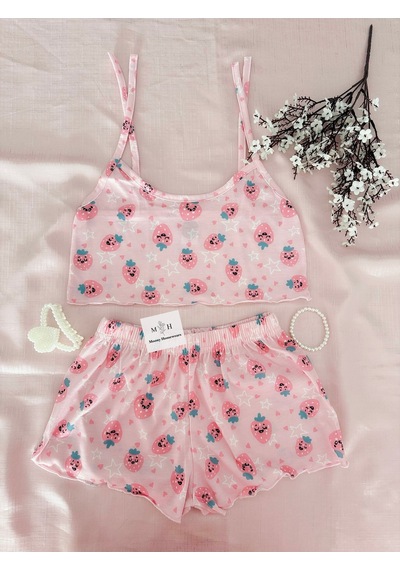 Mh Moony Homewears Fraises Souriantes Yumuşacık Şortlu Pijama Takımı PEMBE