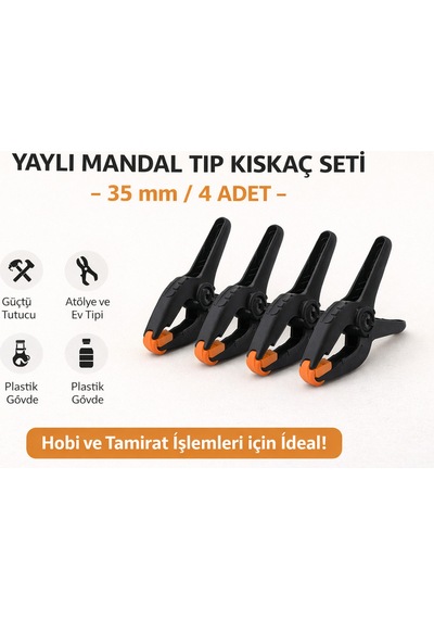 35 Mm Yaylı Mandal Tip Kıskaç İşkence Seti Plastik Gövdeli Güçlü Tutucu Mandal 4 Parça