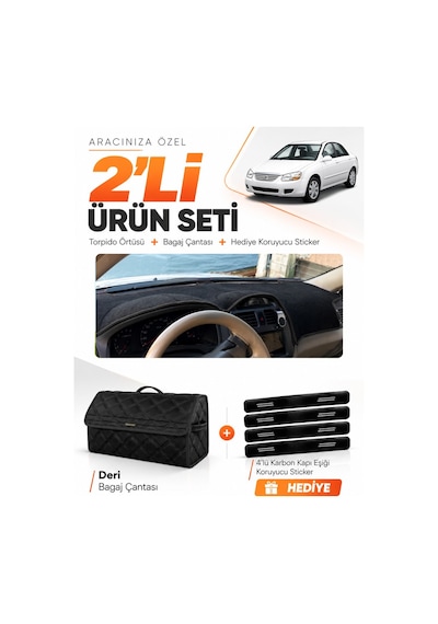 Kia Cerato 2004-2008 Uyumlu Torpido Örtüsü + Deri Bagaj Çantası + Sticker Seti - Siyah