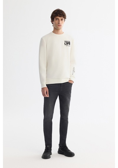 Avva Erkek Ekru Bisiklet Yaka Pamuklu Baskılı Elastan Regular Fit Sweatshirt A42y1206