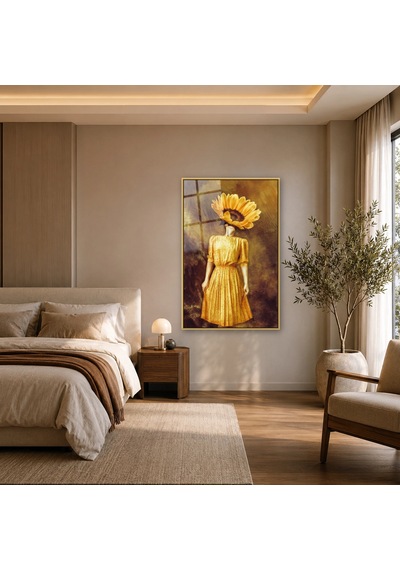 Ayçiçeği Başlı Sarı Elbiseli Kadın Gold Çerçeveli Cam Tablo