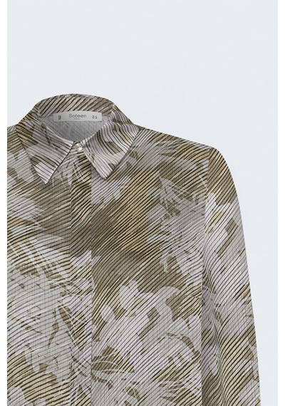 Sateen Çizgili Çiçek Desenli Gömlek - Bej-137839