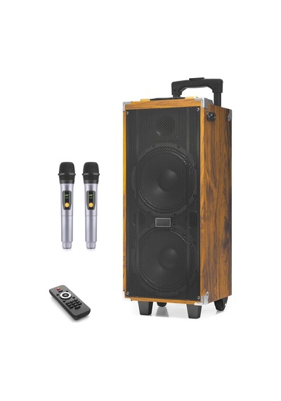 Çift Karaoke Mikrofonlu Bluetooth Hoparlör Fm Radyo 50w 2x8 İnç Rgb Kumandalı Ahşap Jbr8808