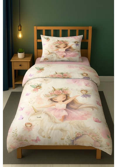 Peri Kız Unicorn Masalı Tek Kişilik Çocuk Nevresim Seti Pembe