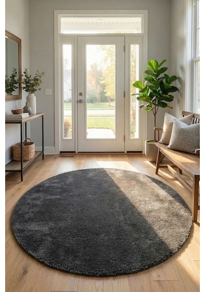 Yuvarlak Puffy Yumuşak Peluş Halı , Kaymaz, Yıkanabilir, Antre, Hol, Mutfak, Makyaj Masası Halısı Antrasit