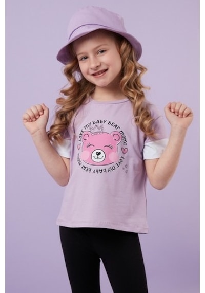 Lela Pamuklu Baskılı Bisiklet Yaka Kız Çocuk T Shirt 6211038 Lila
