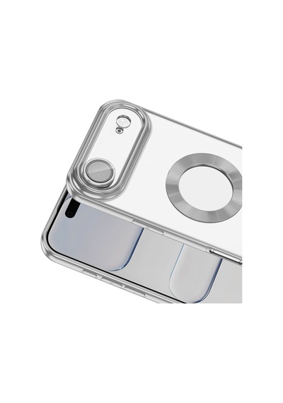 Apple Uyumlu iPhone 17 Air Kılıf Logo Gösteren Parlak Kenarlı Kamera Lens Korumalı Şeffaf Omega Silikon Kapak Gümüş