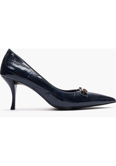 Luvishoes Poesy Lacivert Baskı Tokalı Kadın Topuklu Ayakkabı