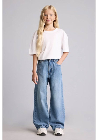 Defacto Straight Wide Açık Mavi Kız Çocuk Jean Pantolon I4477a8/nm39