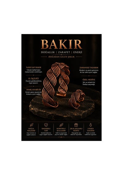 Kadın Örgü Desenli Bakır Bileklik Ve Yüzük Seti Otantik El İşçiliği Ayarlanabilir Takı