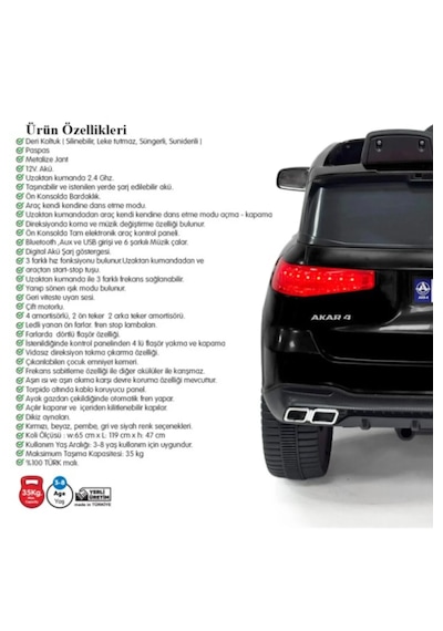 Admire 12v Uzaktan Kumandalı Suv Akülü Çocuk Arabası Siyah