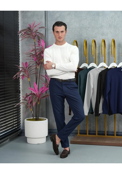 Modefendi Slim Fit Kalıp Pamuk Likra Sade Bisiklet Yaka Triko Kazak Beyaz