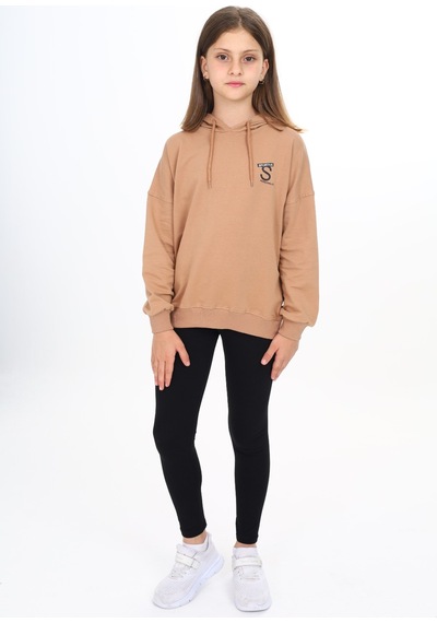 Toontoy Kids Toontoy Kız Çocuk 2'li Takım Baskılı Kapüşonlu Düşük Omuz Sweatshirt & Basic Düz Tayt Kahverengi Toontoy Kids Toontoy Kız Çocuk 2'li Takım Baskılı Kapüşonlu Düşük Omuz Sweatshirt & Basic Düz Tayt Kahverengi