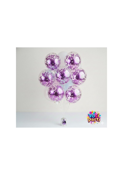 Mor Konfetili Şeffaf Balon Seti 10 Adet Şeffaf Balon 1 Adet Mor Pul Mor Mor