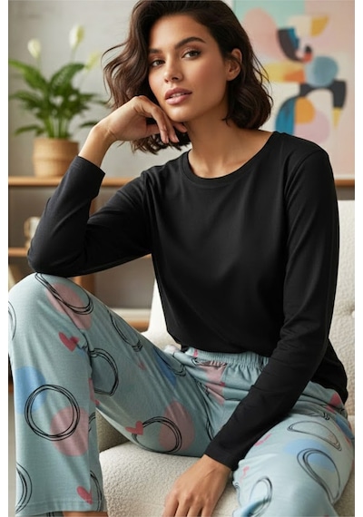 Siyah İnci Pamuklu Örme Pijama Takım 7975 Mint Pembe Kalp