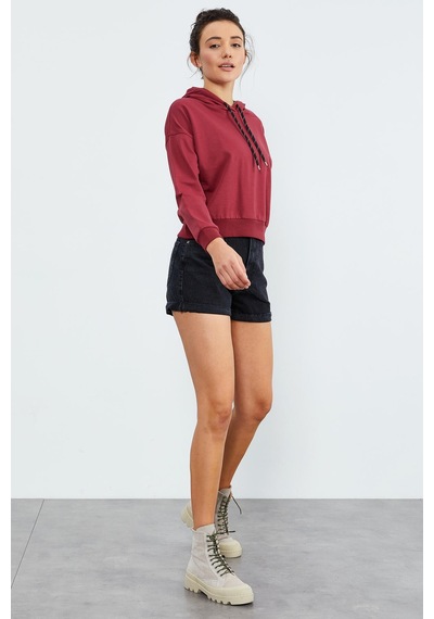 Tommy Life Bordo Uzun Kol Rahat Form Kapüşonlu Kadın Sweatshirt - 97115 Bordo