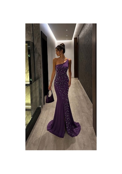 DefyModa Kadın Günlük Tek Omuz Taş Detaylı Abiye Elbise Mor