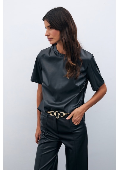 Sateen Kısa Kol Deri Bluz - Siyah-135522 Siyah