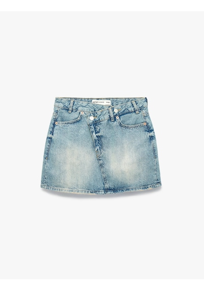 Koton Pamuklu Cepli Düğmeli Asimetrik Mini Denim Etek Orta İndigo 6sal70041md