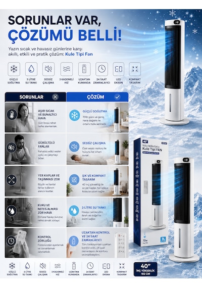Sessiz Kule Tipi Hava Soğutucu 40 İnç 70w 3l Su Tanklı Led Dokunmatik Ekranlı Vantilatör Fan