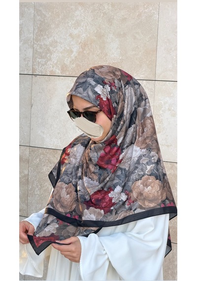 Qalortex Scarf Pamuklu Gonca Desen Eşarp - Siyah