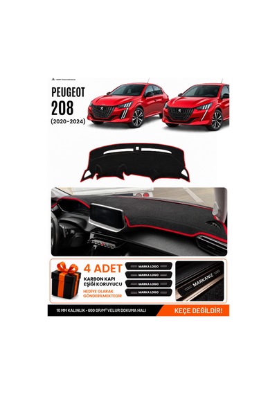 Peugeot 208 2020-2024 Uyumlu Torpido Örtüsü, Torpido Kılıfı - Siyah-kırmızı - Pe006