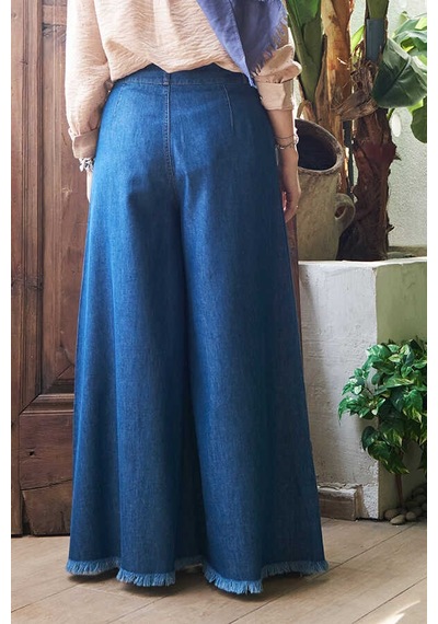 1153-denim Püsküllü Pantolon Etek Koyu Mavi Koyu Mavi