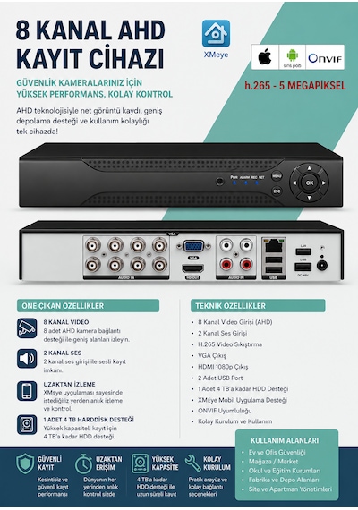 8 Kanal Ahd Dvr Kayıt Cihazı Xmeye Yazılım