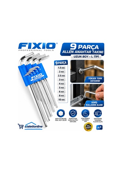 Fixio 9 Parça Uzun Boy Allen Alyan Anahtar Takımı Profesyonel L Tipi Altıgen Anahtar Seti 1.5-10 Mm - 935462728
