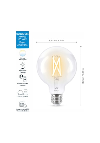 Wiz 60W Sarı-Beyaz Ambiyans E27 Şeffaf Cam Akıllı Filament Ampul (G95)