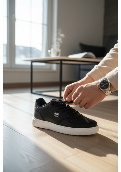 Enoch Suni Deri Beyaz Düz Tabanlı Erkek Casual Sneaker Ayakkabı Siyah - Beyaz