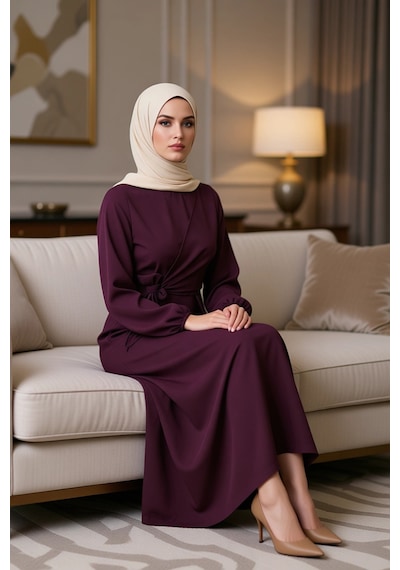 Benerly Kadın Maxi Elbise Bisiklet Yaka Uzun Kol A-line Kesim Keten Dokul Bordo
