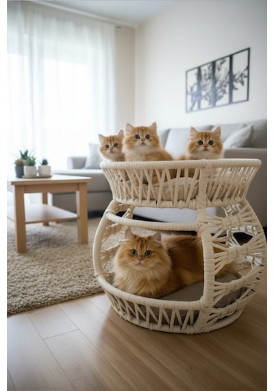Reyo Pet Lüxperi Bombeli Kedi Ranzası 2 Katlı Kedi Yatağı Krem
