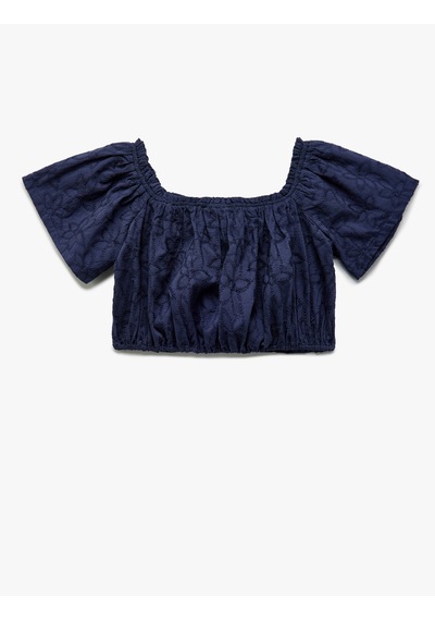 Koton Pamuklu Brodeli Fistolu Kısa Kollu Crop Bluz Lacivert 5skg60065aw Lacivert