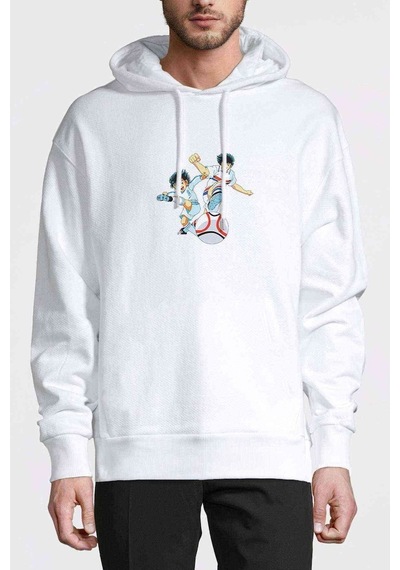Captain Tsubasa Baskılı Beyaz Erkek Örme Kapşonlu Sweatshirt