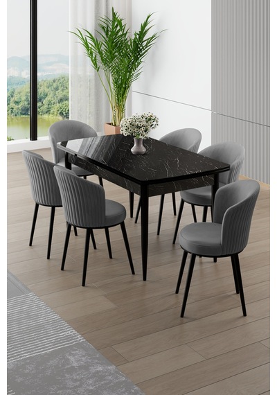 Canisa Asfel Serisi Mdf 77x130 Siyah Mermer Desen Yandan Açılabilir Mutfak Masa Takımı 6 Gri Sandalye Siyah Mermer Masa Gri Sandalye Canisa Asfel Serisi Mdf 77x130 Siyah Mermer Desen Yandan Açılabilir Mutfak Masa Takımı 6 Gri Sandalye Siyah Mermer Masa Gri Sandalye