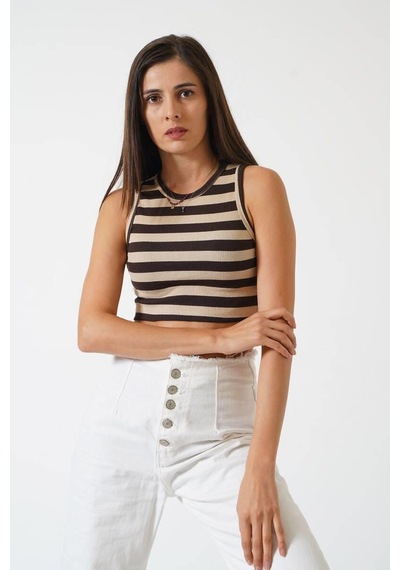 Ckm Moda Adrian Yüksek Kalite Kadın Yuvarlak Yaka Çizgili Crop Bluz Kahve