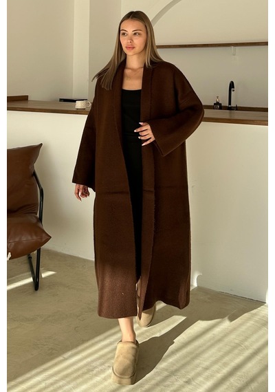 Olcay Oversize Kalın Triko Uzun Hırka Kahve 8274