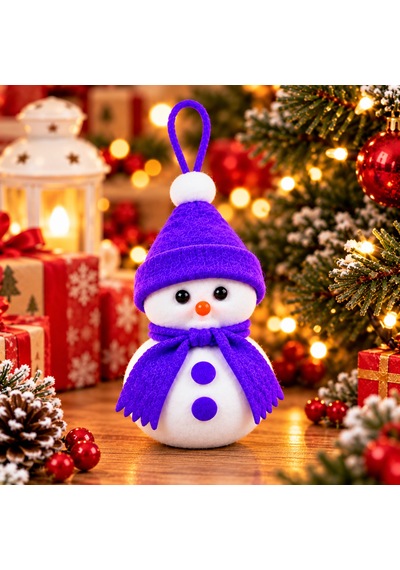 Bakgelal Yılbaşı Ağacı Süsü Kardan Adam Figürlü 16 Cm Keçe Şapkalı Ve Atkılı Asılabilir Dekoratif Süs Mor Şapkalı - 9047917995150