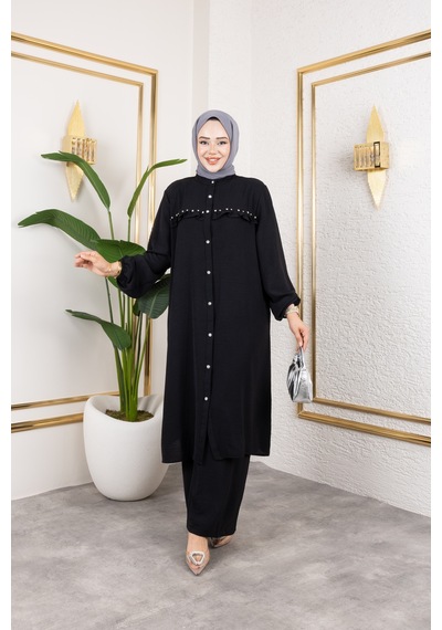 Nevayla Moda Ayrobin Kumaş İnci Detaylı Takım / T112 - Siyah Siyah