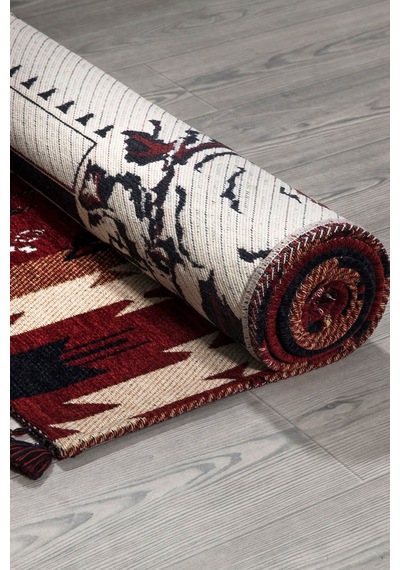 Kırmızı Renkli Afgan Tarzı Altı Kaymaz Yıkanabilir Şönil Kilim-487