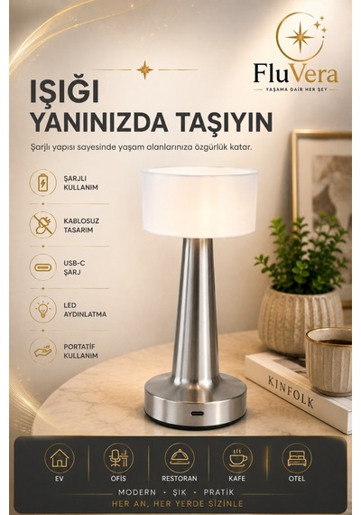 Şarjlı Gümüş Led Masa Lambası Kablosuz Dokunmatik Gece Lambası Usb-c Portatif Metal Gövdeli Gümüş