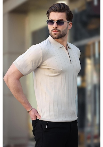 Madmext Madmext Taş Rengi Polo Yaka Fermuarlı Erkek T-shirt E7298 Taş Rengi